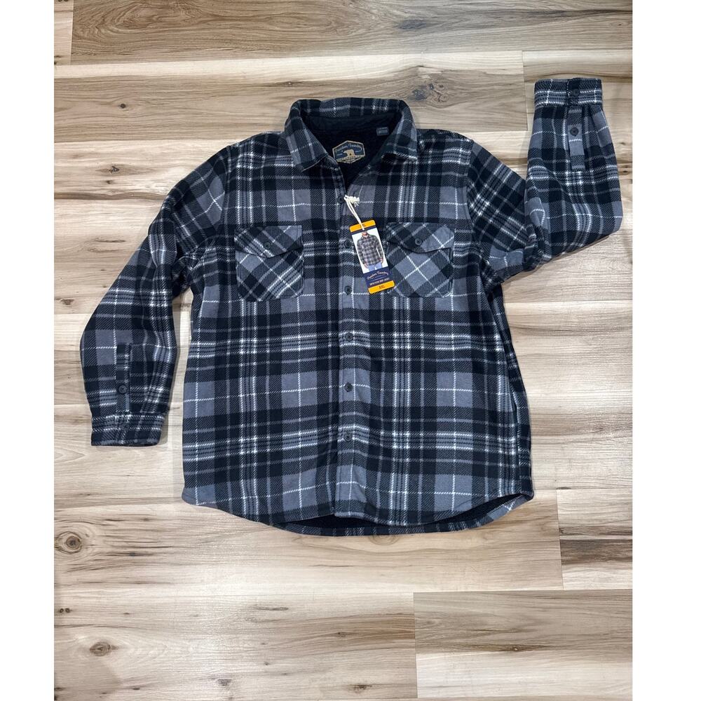Freedom Foundry Sherpa Lined Flannel Jacket Black Gray Plaid Button Up XXL
